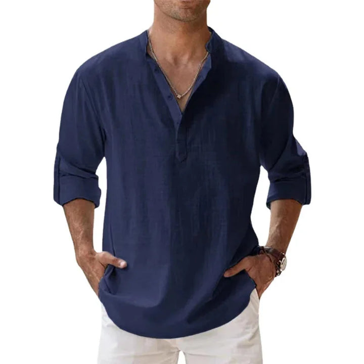 Navy Blue Men's Linen Henley Summer Shirt — Eli Relaxed Fit V-Neck - Side Angle
