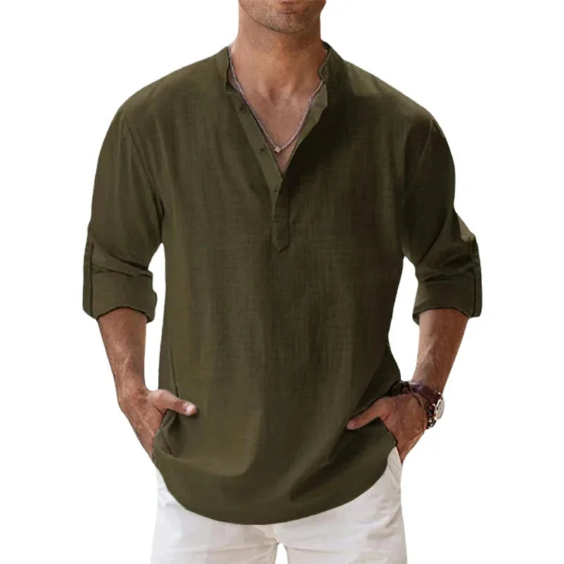 Olive Green Men's Linen Henley Summer Shirt — Eli Relaxed Fit V-Neck - Hands In Pockets