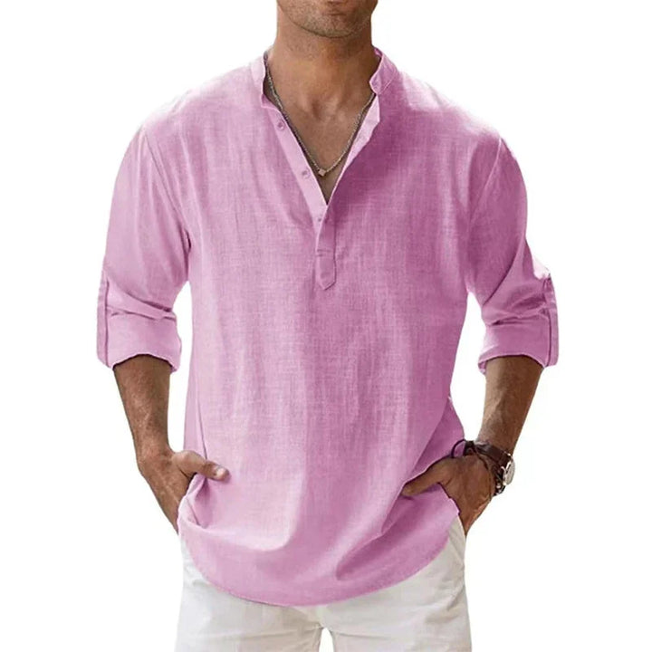 Pink Men's Linen Henley Summer Shirt — Eli Relaxed Fit V-Neck - Casual Stance