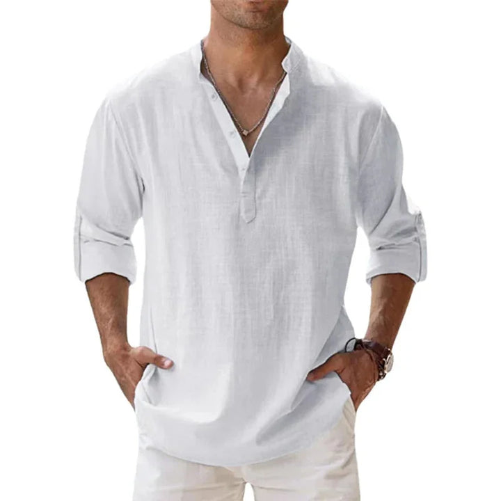 White Men's Linen Henley Summer Shirt — Eli Relaxed Fit V-Neck - Relaxed Pose