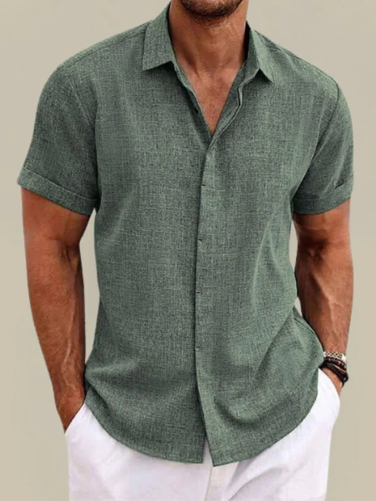 Army Men's Linen Short Sleeve Button Up Shirt — Knox Breathable Lightweight - Green Front Outdoor