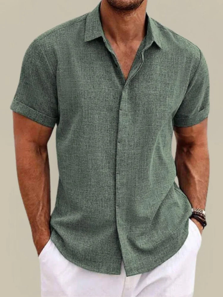 Army Men's Linen Short Sleeve Button Up Shirt — Knox Breathable Lightweight - Green Front Outdoor
