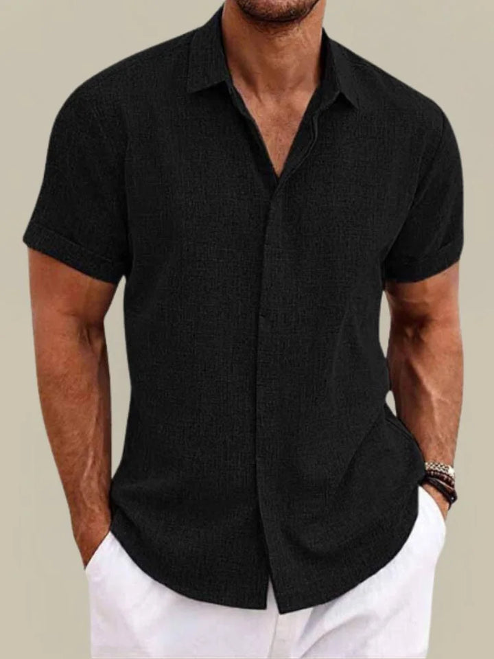 Black Men's Linen Short Sleeve Button Up Shirt — Knox Breathable Lightweight - Front Classic