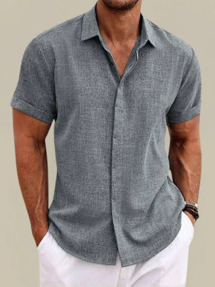Gray Men's Linen Short Sleeve Button Up Shirt — Knox Breathable Lightweight - Front Relaxed