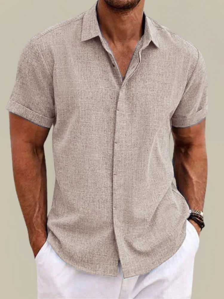 Khaki Men's Linen Short Sleeve Button Up Shirt — Knox Breathable Lightweight - Front Styled