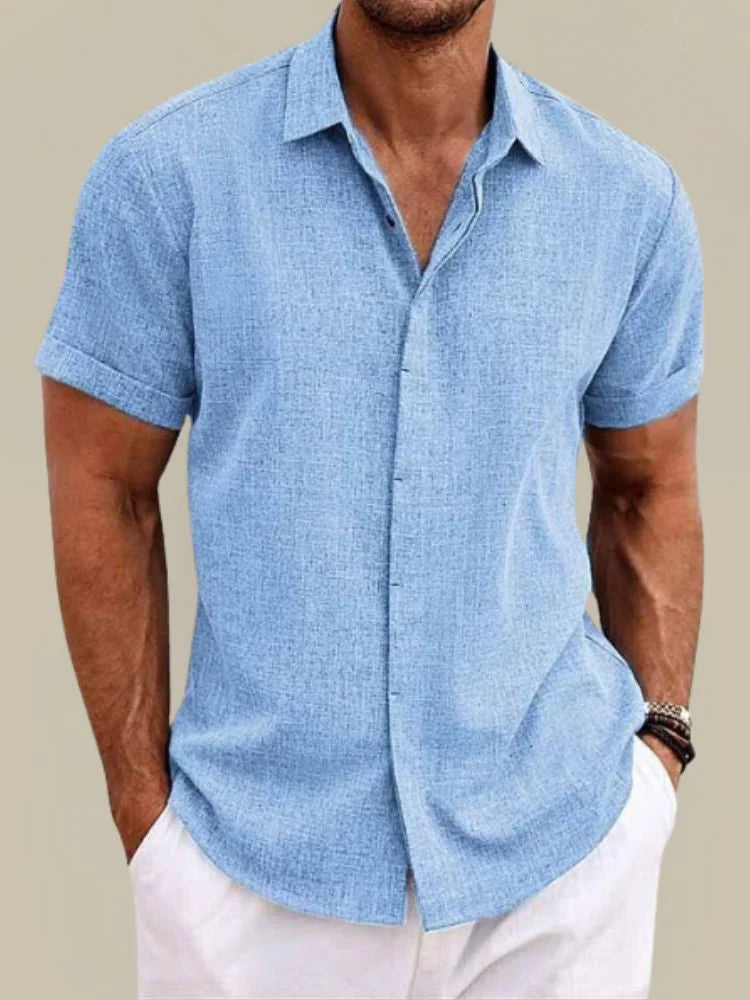 Light Blue Men's Linen Short Sleeve Button Up Shirt — Knox Breathable Lightweight - Front Casual Pose