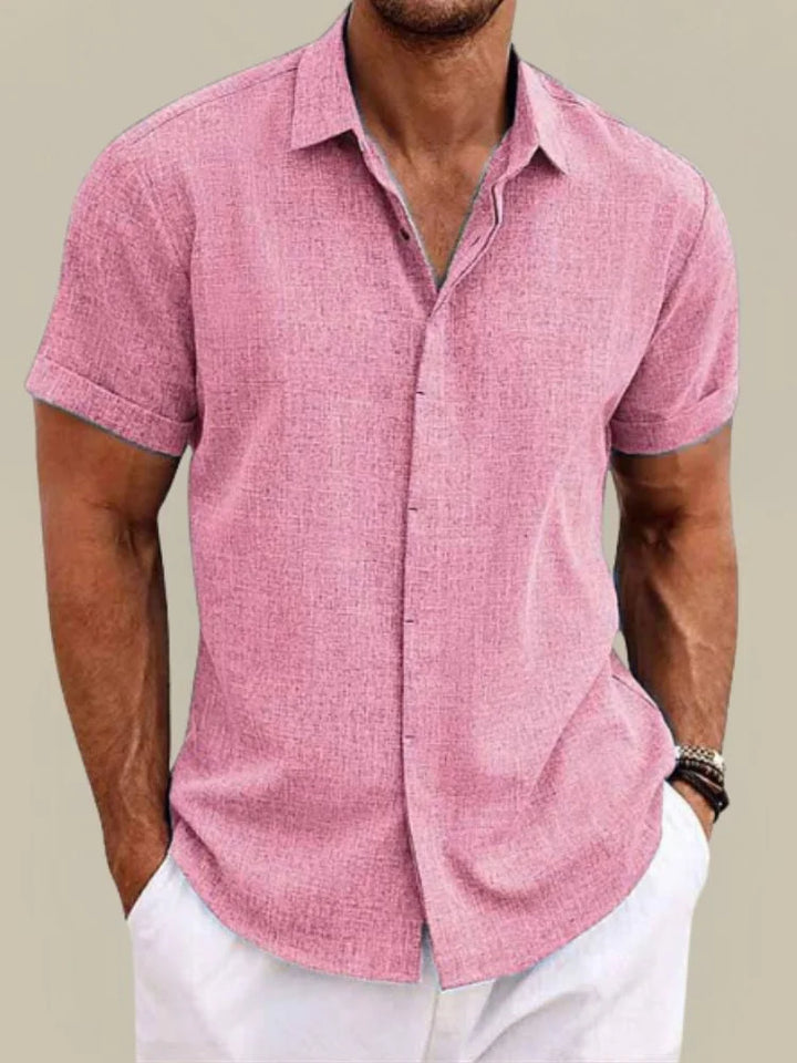Pink Men's Linen Short Sleeve Button Up Shirt — Knox Breathable Lightweight - Front Summer
