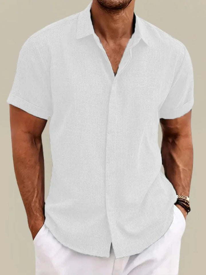 White Men's Linen Short Sleeve Button Up Shirt — Knox Breathable Lightweight - Front Unbuttoned
