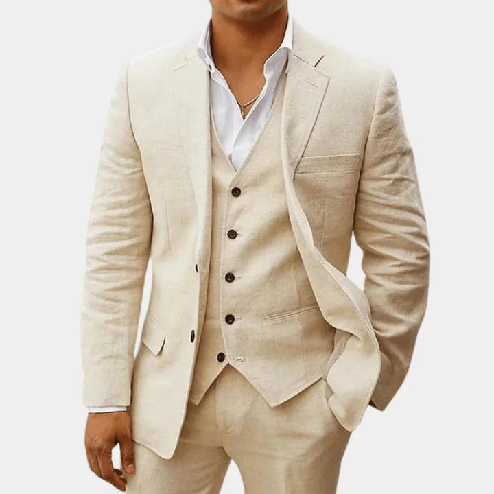 Beige Men's Linen Wedding Suit Three-Piece Formal — Max Breathable Lightweight Classic - Front Full
