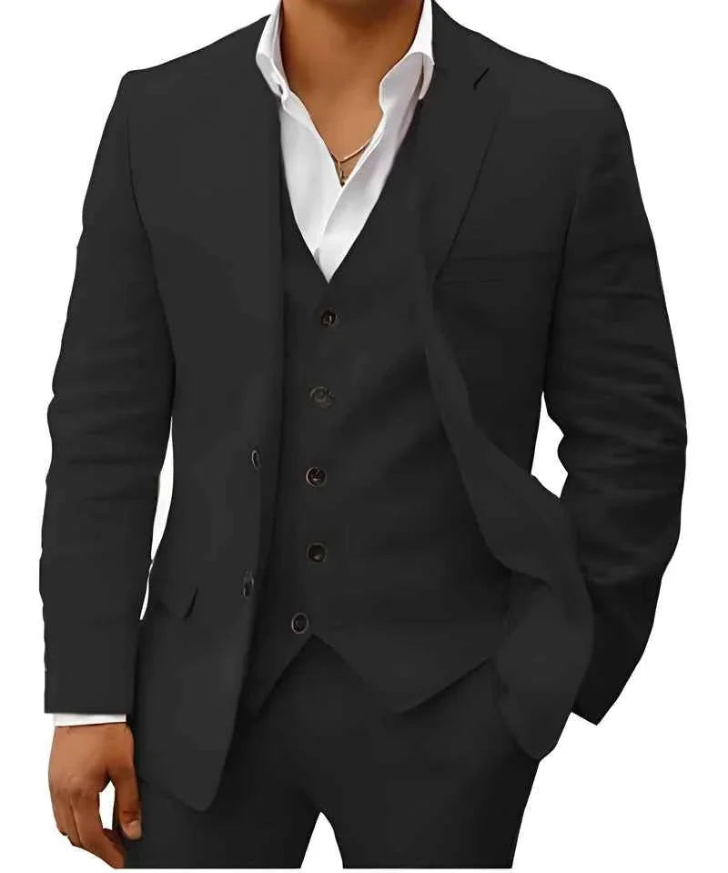Black Men's Linen Wedding Suit Three-Piece Formal — Max Breathable Lightweight Classic - Elegant Formal