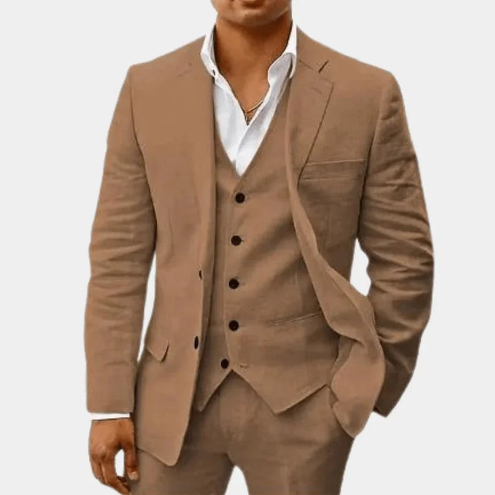 Brown Men's Linen Wedding Suit Three-Piece Formal — Max Breathable Lightweight Classic - Front Pose