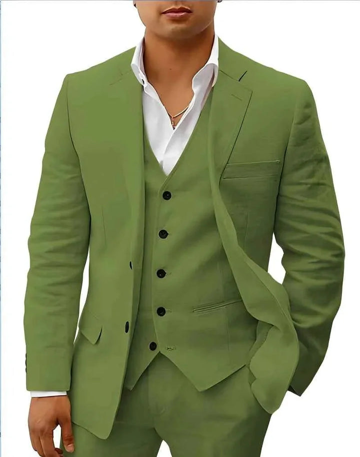 Green Men's Linen Wedding Suit Three-Piece Formal — Max Breathable Lightweight Classic - Model Standing