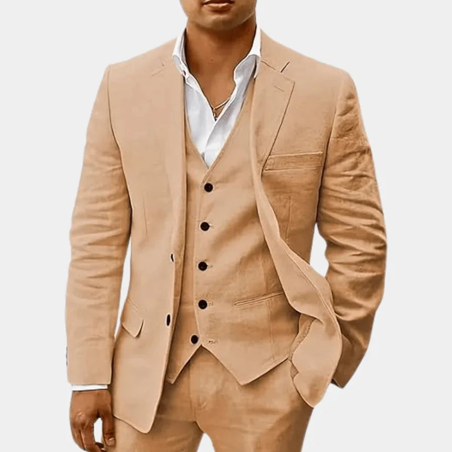 Khaki Men's Linen Wedding Suit Three-Piece Formal — Max Breathable Lightweight Classic - Three Quarter View