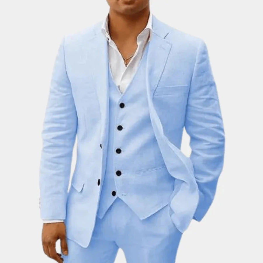 Light Blue Men's Linen Wedding Suit Three-Piece Formal — Max Breathable Lightweight Classic - Front Formal