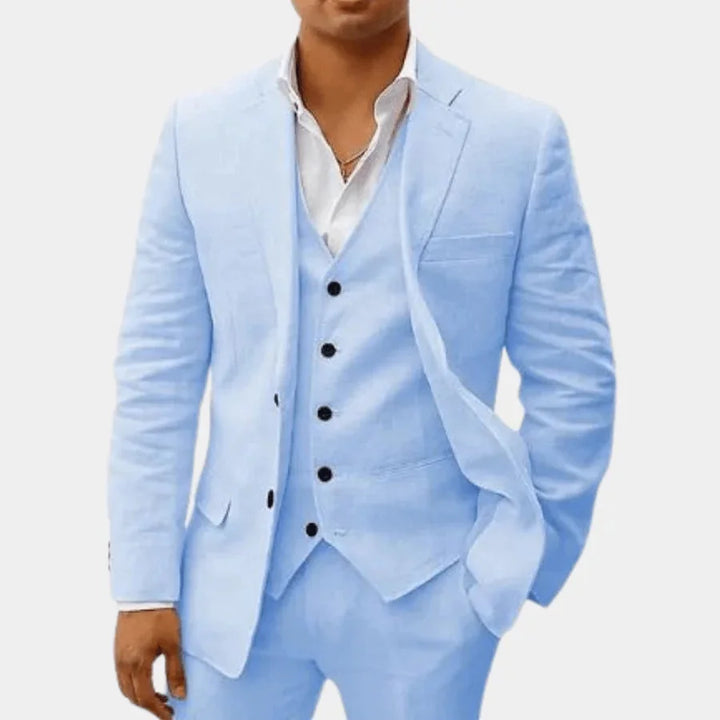Light Blue Men's Linen Wedding Suit Three-Piece Formal — Max Breathable Lightweight Classic - Front Formal