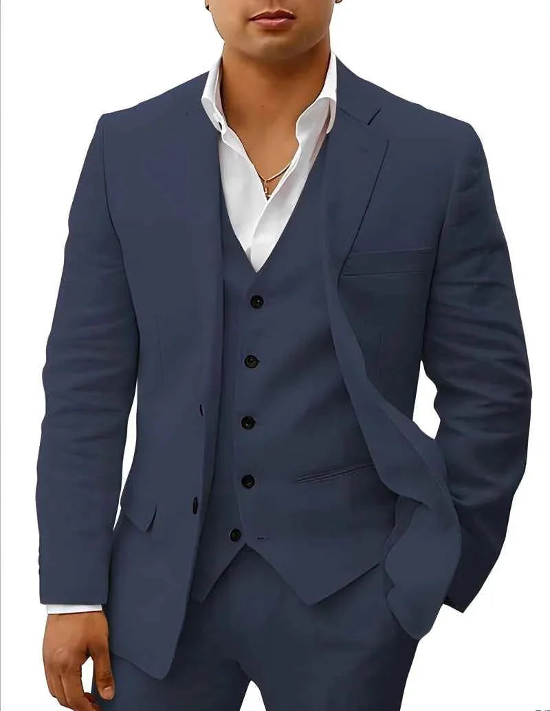 Navy Men's Linen Wedding Suit Three-Piece Formal — Max Breathable Lightweight Classic - Front Detail