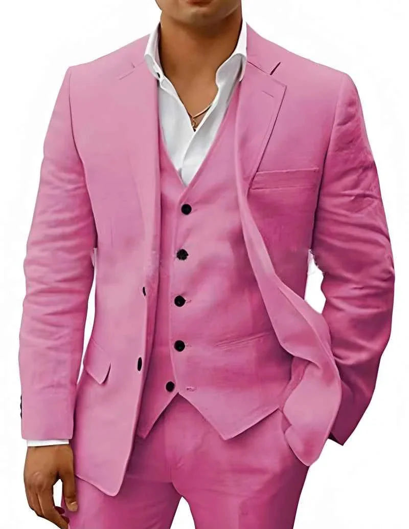 Pink Men's Linen Wedding Suit Three-Piece Formal — Max Breathable Lightweight Classic - Formal Pose