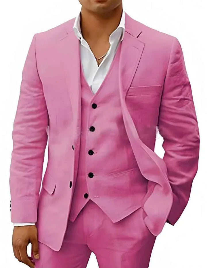 Pink Men's Linen Wedding Suit Three-Piece Formal — Max Breathable Lightweight Classic - Formal Pose