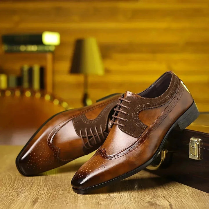 Brown Men's Leather Oxford Dress Shoes — Thomas Brogue Wingtip - Front Angle Pair