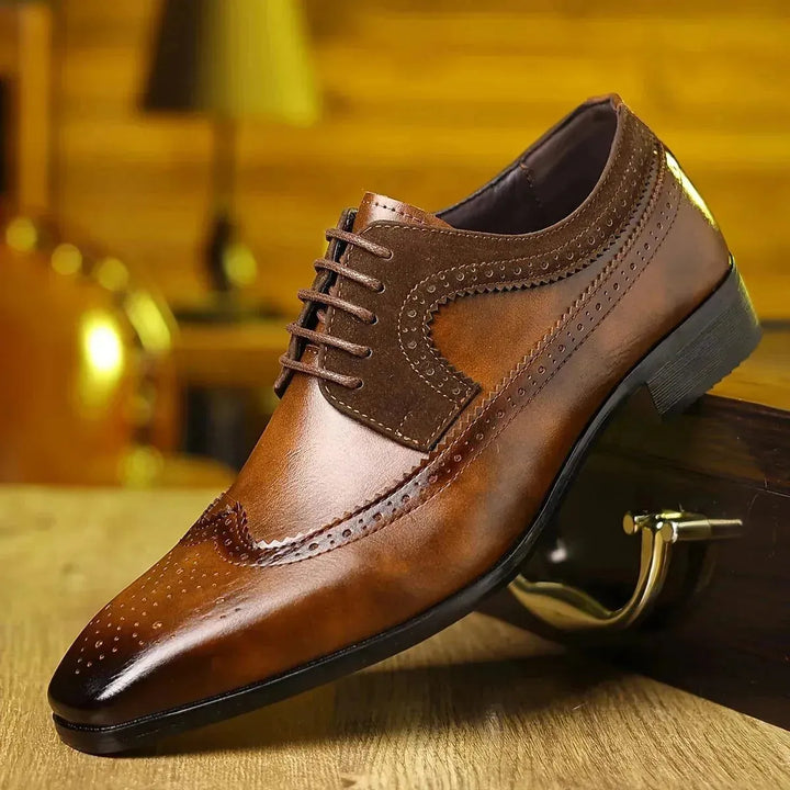 Brown Men's Leather Oxford Dress Shoes — Thomas Brogue Wingtip - Side Profile Shoe