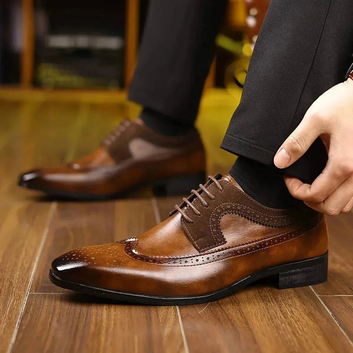Brown Men's Leather Oxford Dress Shoes — Thomas Brogue Wingtip - Worn Lifestyle Shot