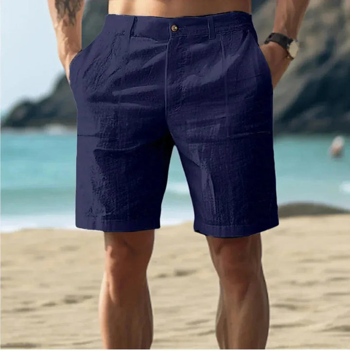 Dark Blue Men's Relaxed Linen Shorts — Gabriel Drawstring Cargo Pockets - Front Posed