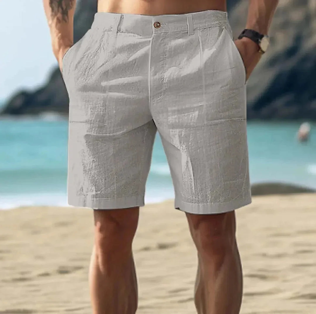 Gray Men's Relaxed Linen Shorts — Gabriel Drawstring Cargo Pockets - Studio Angle