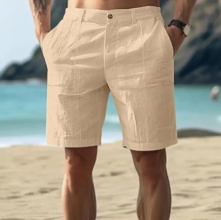 Khaki Men's Relaxed Linen Shorts — Gabriel Drawstring Cargo Pockets - Beach Pose