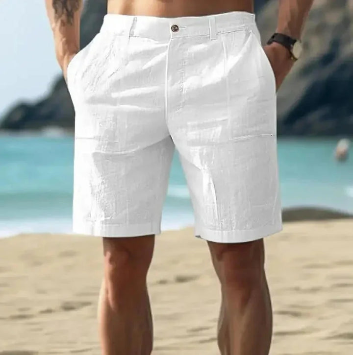 White Men's Relaxed Linen Shorts — Gabriel Drawstring Cargo Pockets - Front Full