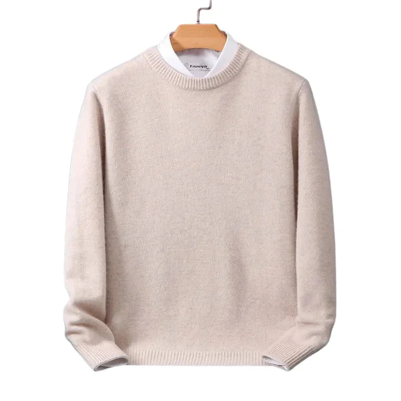 Beige Men's Round Neck Sweater — Levi Ribbed Knit Crew Pullover - Side Pose
