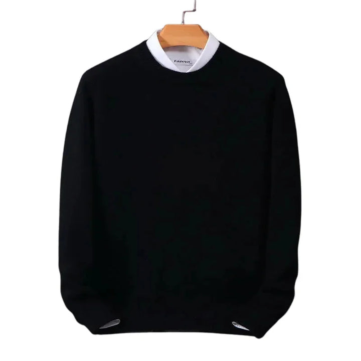 Black Men's Round Neck Sweater — Levi Ribbed Knit Crew Pullover - Front Studio