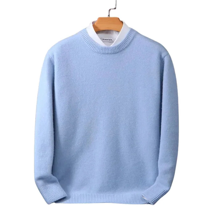 Light Blue Men's Round Neck Sweater — Levi Ribbed Knit Crew Pullover - Front Lifestyle