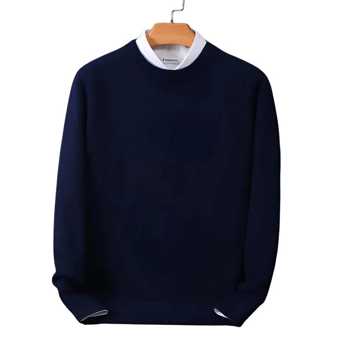 Navy Blue Men's Round Neck Sweater — Levi Ribbed Knit Crew Pullover - Studio White