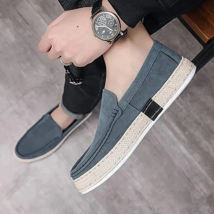 Blue Men's Slip-On Espadrilles with Woven Sole — Brody Canvas Platform Casual - Worn Lifestyle