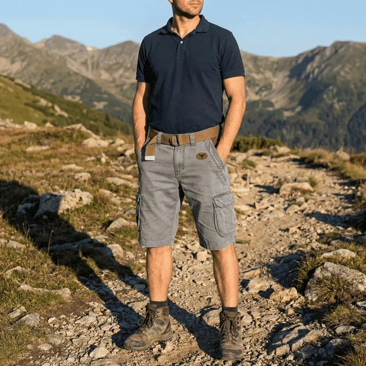 Gray Men's Tactical Cargo Shorts with Pockets — Wesley Multi-Pocket Utility Belt - Worn Lifestyle