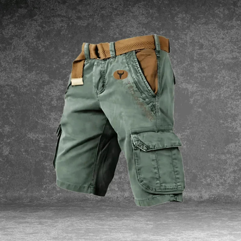 Green Men's Tactical Cargo Shorts with Pockets — Wesley Multi-Pocket Utility Belt - Side Pose