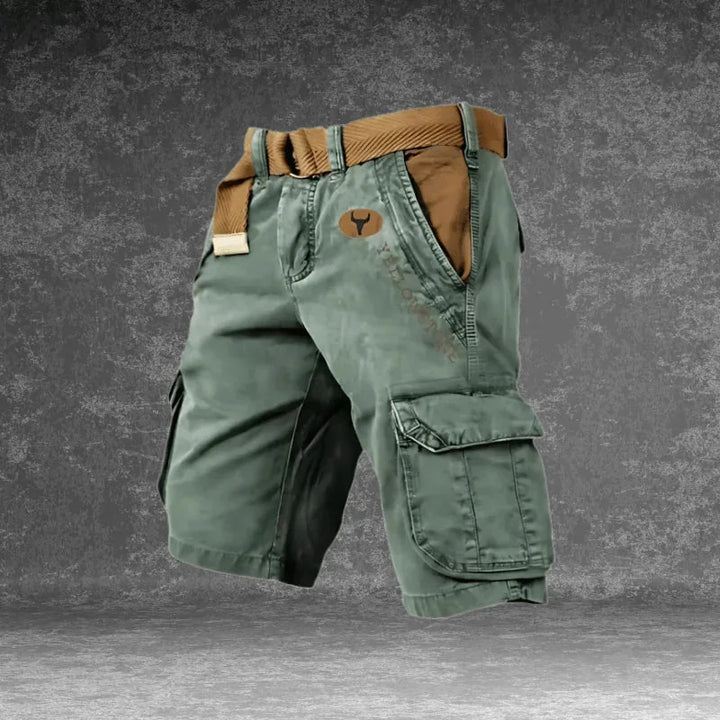 Green Men's Tactical Cargo Shorts with Pockets — Wesley Multi-Pocket Utility Belt - Side Pose