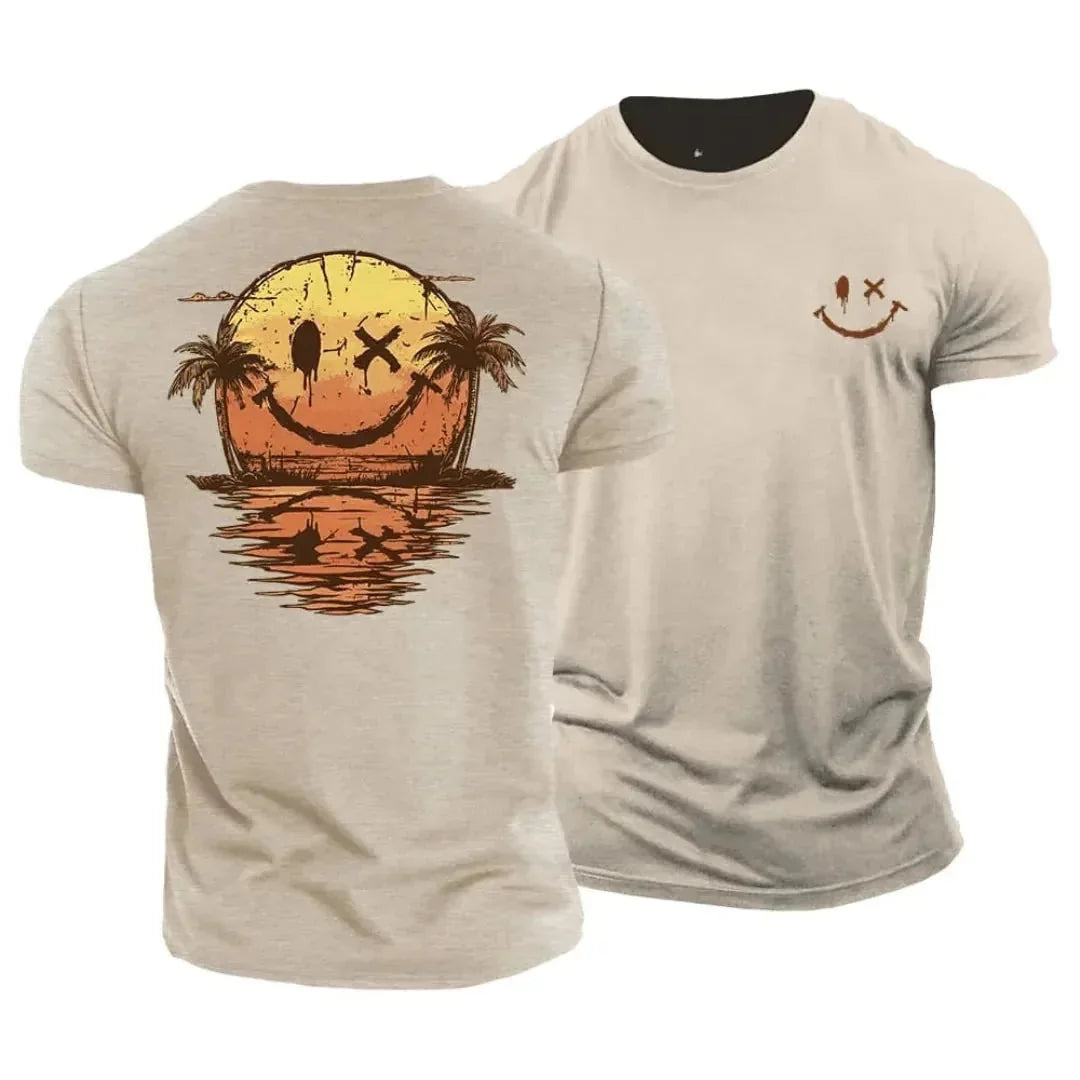 Beige Men's Tropical Smiley Face T-Shirt — Benedict Hawaiian Sunset Print - Front Full