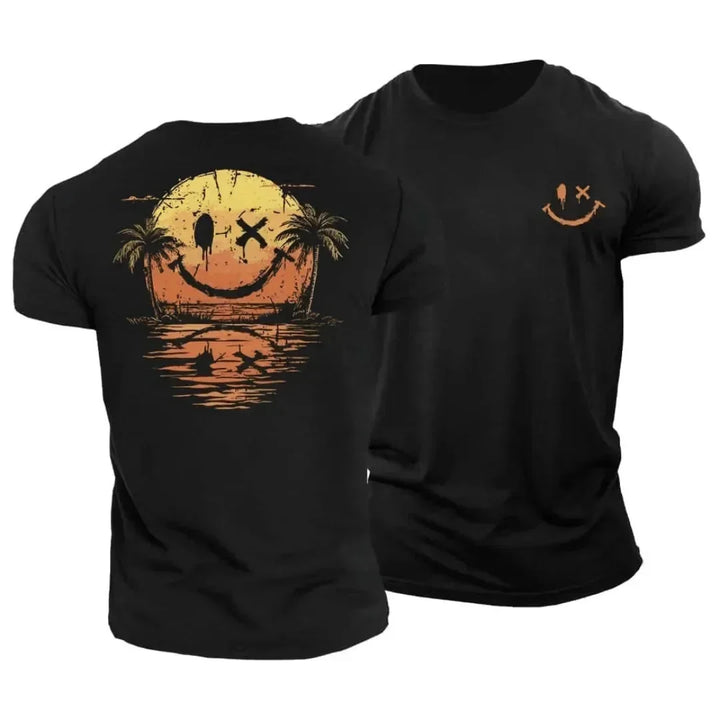 Black Men's Tropical Smiley Face T-Shirt — Benedict Hawaiian Sunset Print - Back Detail