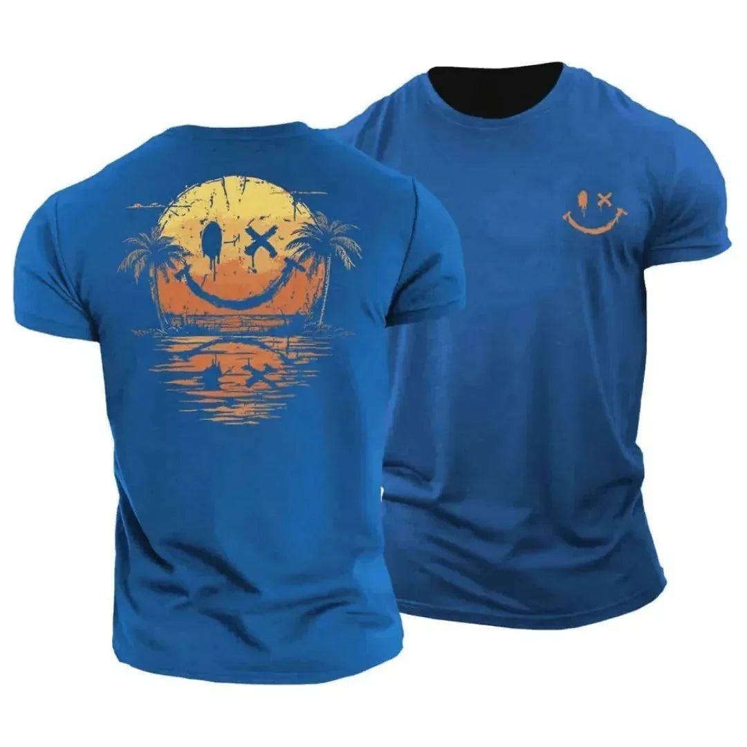 Blue Men's Tropical Smiley Face T-Shirt — Benedict Hawaiian Sunset Print - Lifestyle Pose