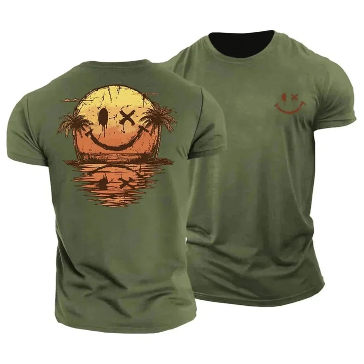 Green Men's Tropical Smiley Face T-Shirt — Benedict Hawaiian Sunset Print - Studio White
