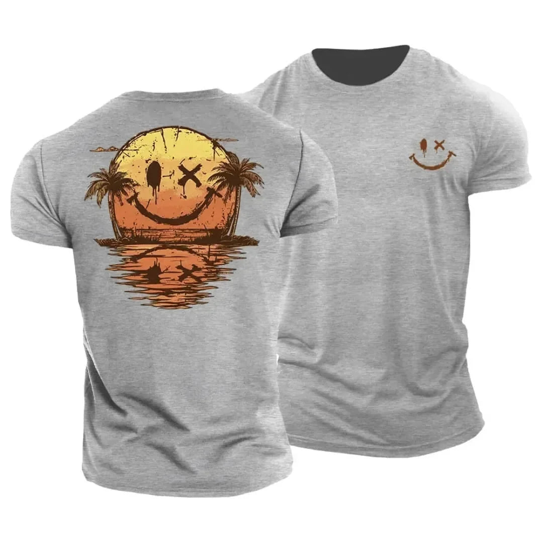 Grey Men's Tropical Smiley Face T-Shirt — Benedict Hawaiian Sunset Print - Flat Lay