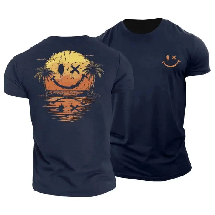 Navy Blue Men's Tropical Smiley Face T-Shirt — Benedict Hawaiian Sunset Print - Side Pose