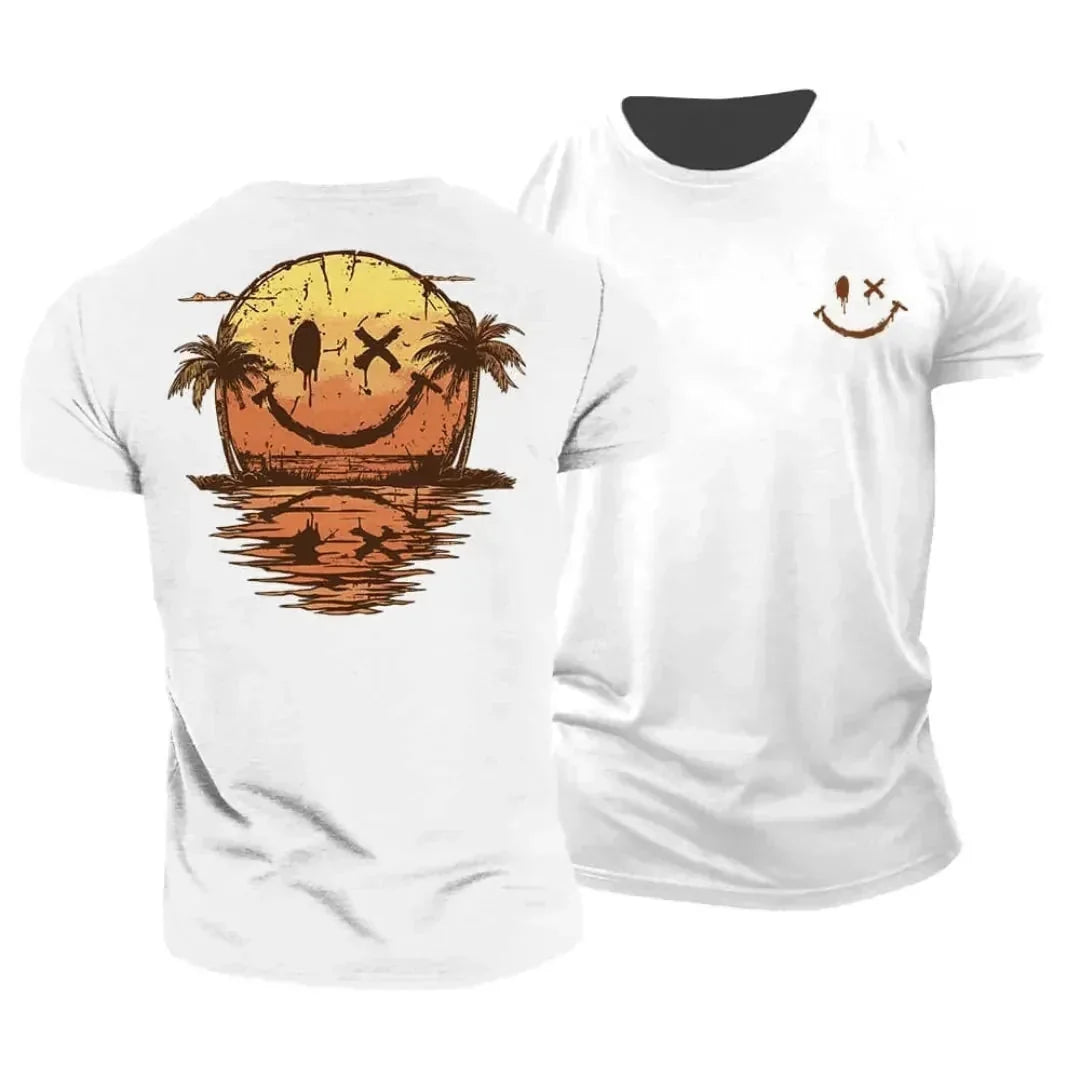 White Men's Tropical Smiley Face T-Shirt — Benedict Hawaiian Sunset Print - Front Worn