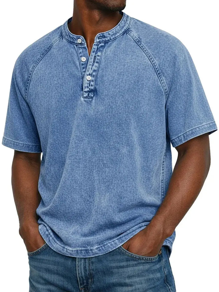 Blue Men's Washed Henley Shirt — Theo Short Sleeve Casual Relaxed - Front Pose