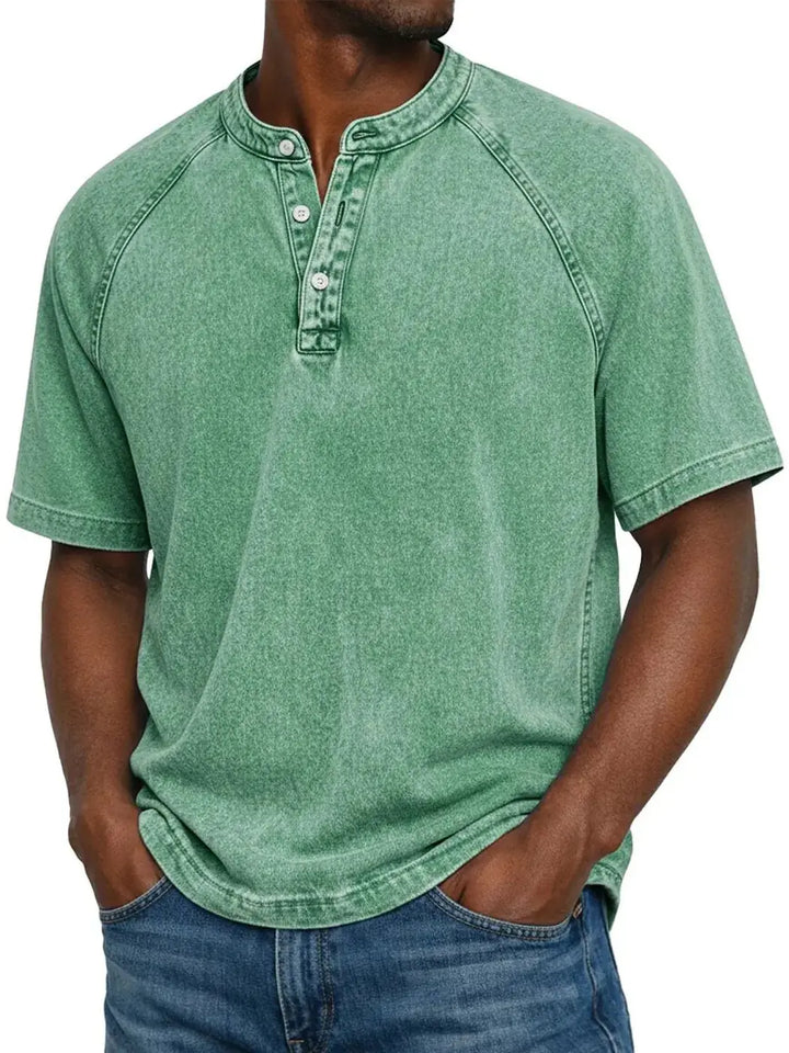 Green Men's Washed Henley Shirt — Theo Short Sleeve Casual Relaxed - Front Casual