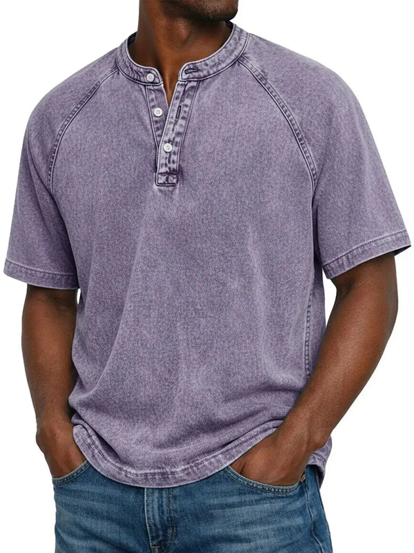 Men's Washed Henley Shirt — Theo Short Sleeve Casual Relaxed