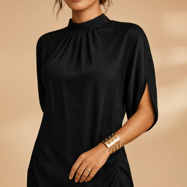 Black Women's Mock Neck Shift Dress — Petra Short Sleeve Asymmetric - Close Up Neckline