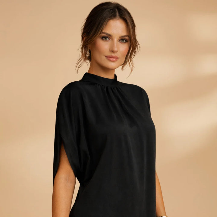 Black Women's Mock Neck Shift Dress — Petra Short Sleeve Asymmetric - Front Detail