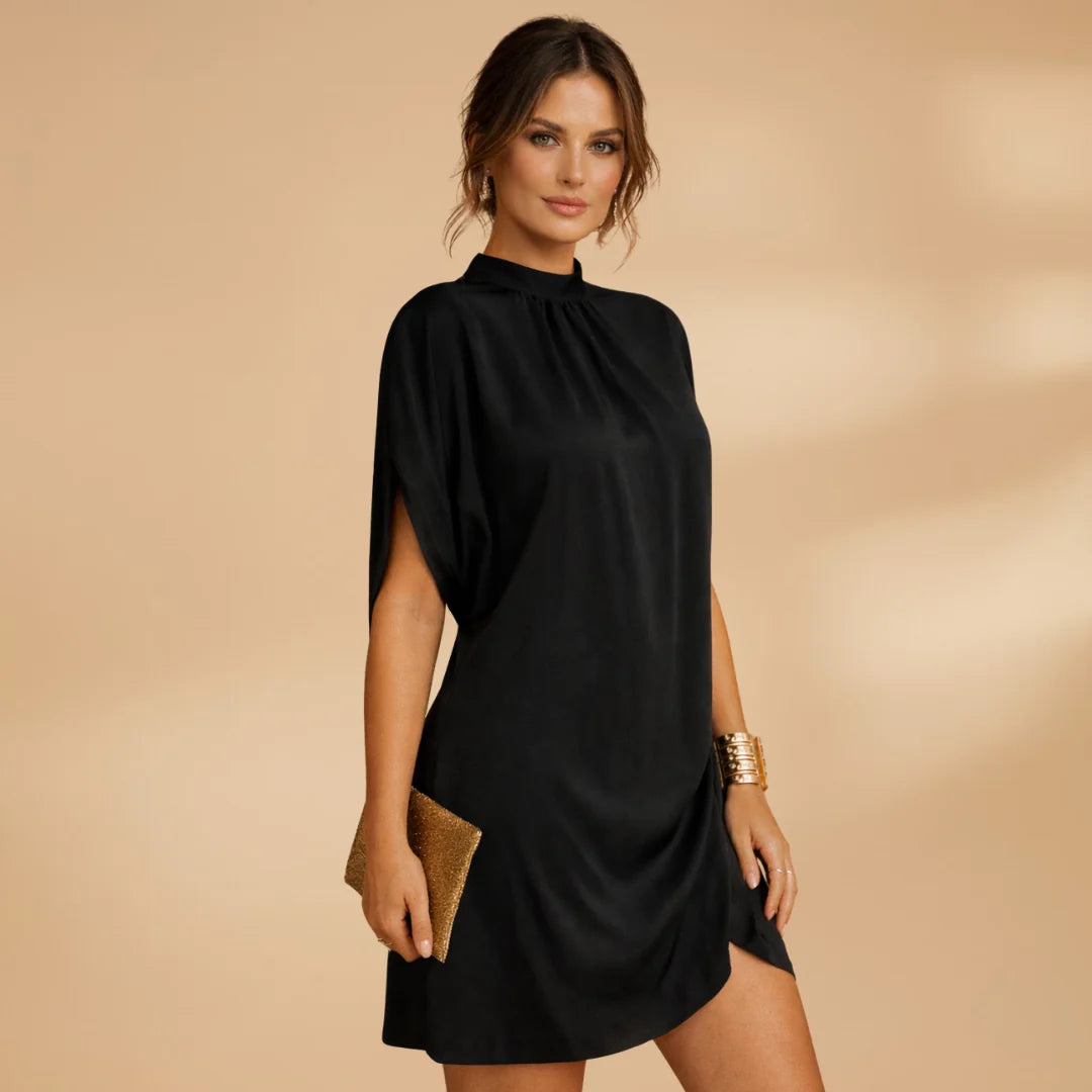 Black Women's Mock Neck Shift Dress — Petra Short Sleeve Asymmetric - Front Full